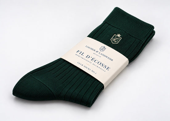 Club Socks No. 1 in Racing Green, gefaltet mit Banderole, gesticktes Locher & Landwehr Wappen
